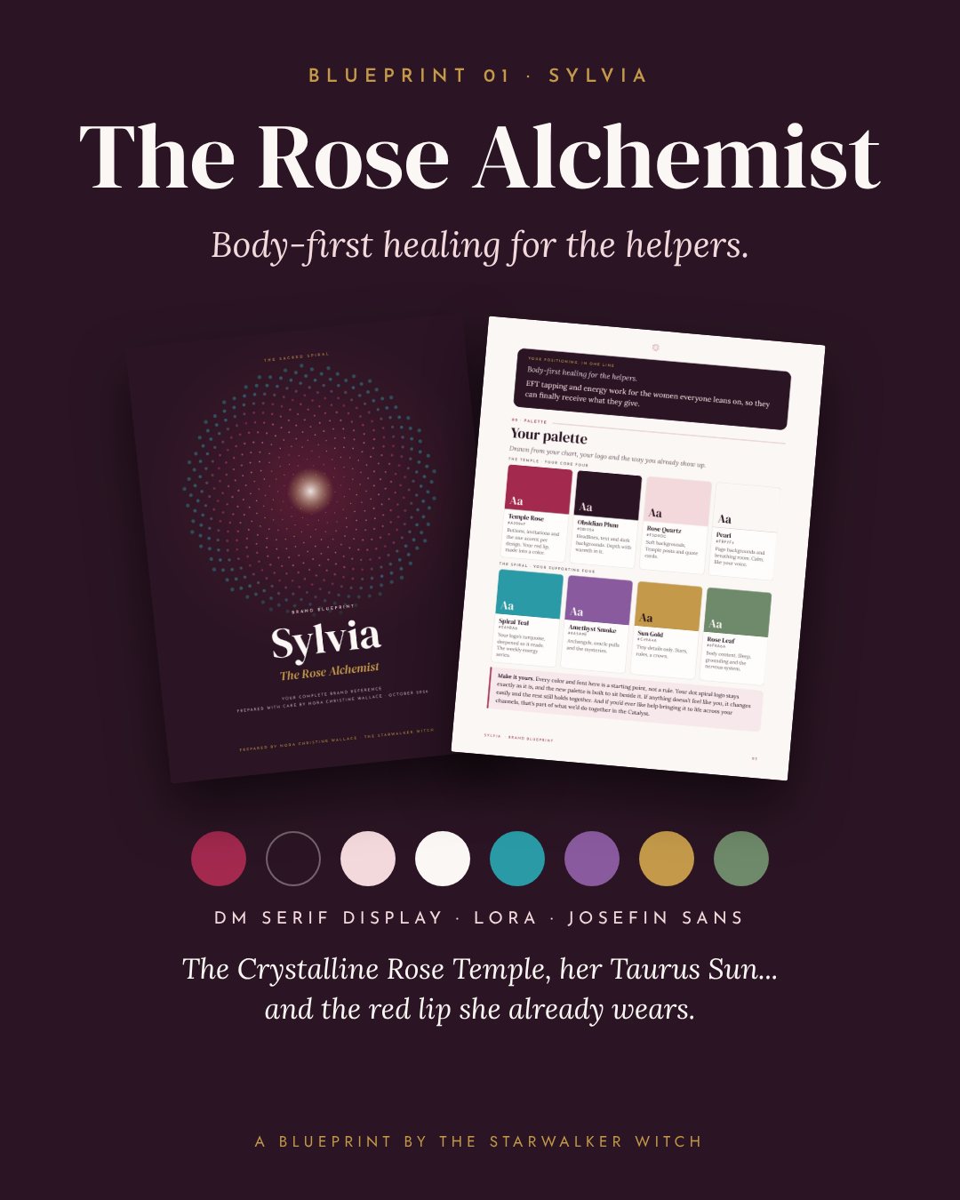 A page from Sylvia's brand blueprint, The Rose Alchemist, body-first healing for the helpers, with her palette drawn from the Crystalline Rose Temple