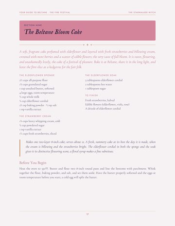 The recipe page, The Beltane Bloom Cake, elderflower and strawberry