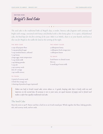 The recipe page, Brigid's Seed Cake, honeyed caraway and orange