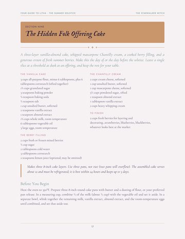The recipe page, The Hidden Folk Offering Cake, a Midsummer berry Chantilly cake