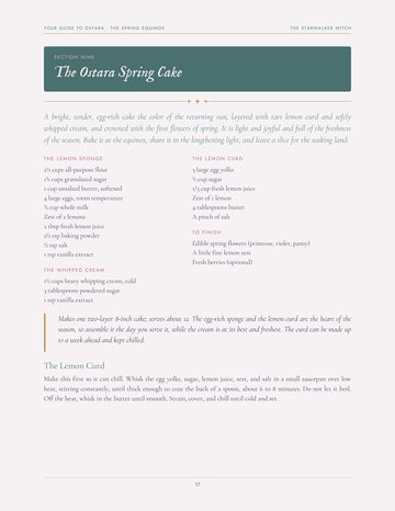 The recipe page, The Ostara Spring Cake, lemon curd and cream
